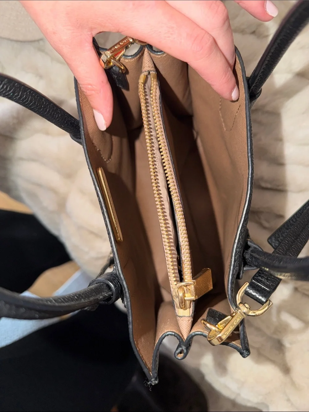Michael Kors Black Pebbled Leather Bag with Gold Hardware and cross body strap